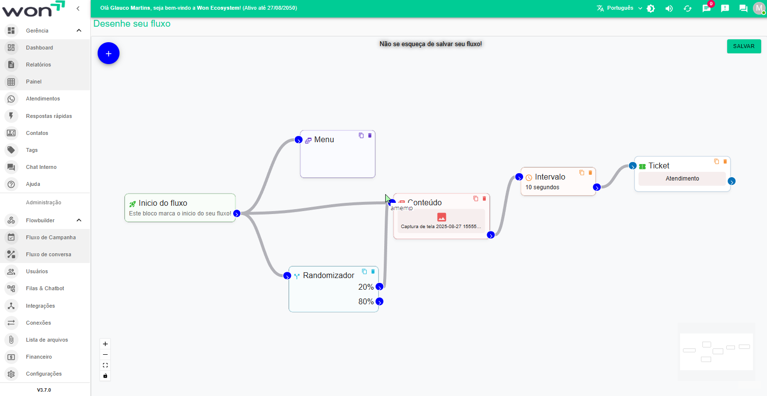 Tela de configuração do Chatbot